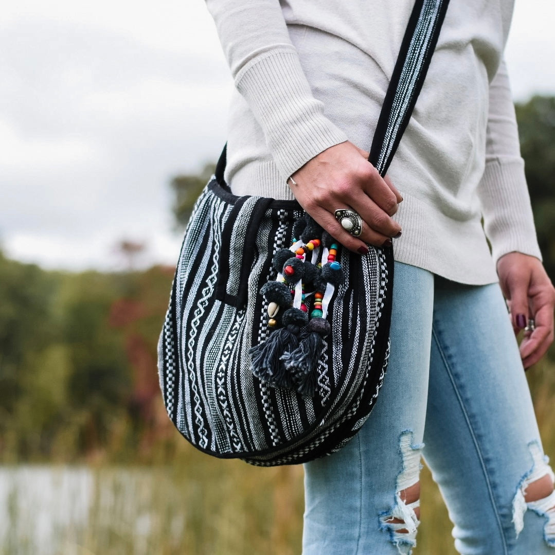 Black boho shop crossbody bag