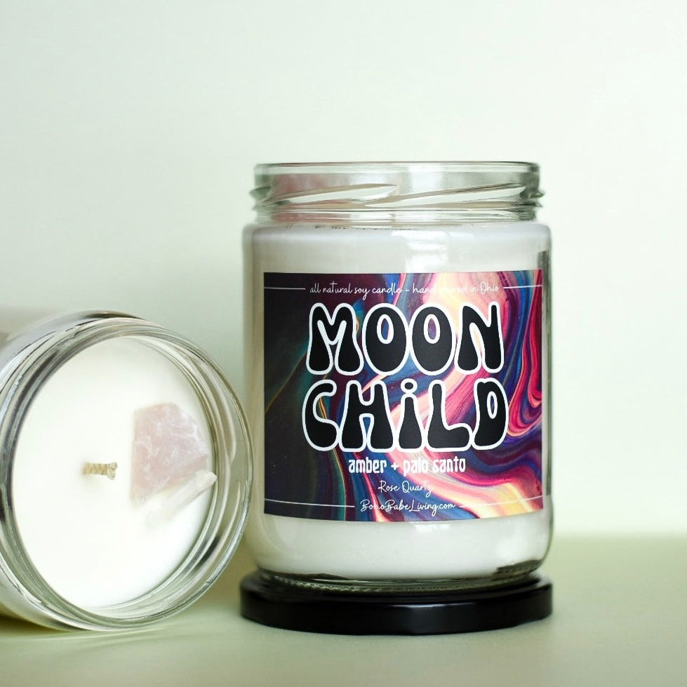 Crystal Manifestation Candle Soy - Moon Child, Amber and Palo Santo Candle