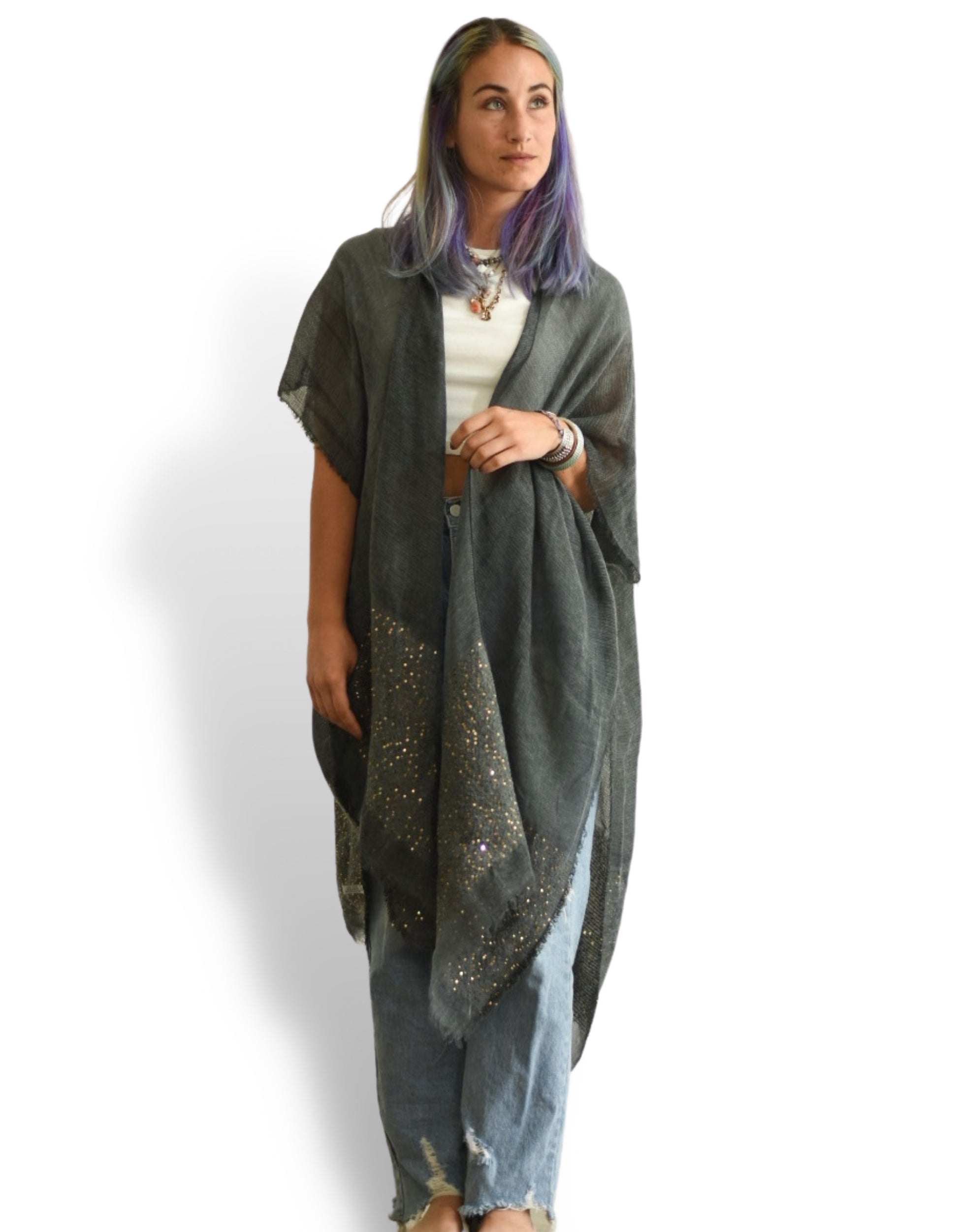 gray kimono with sequins