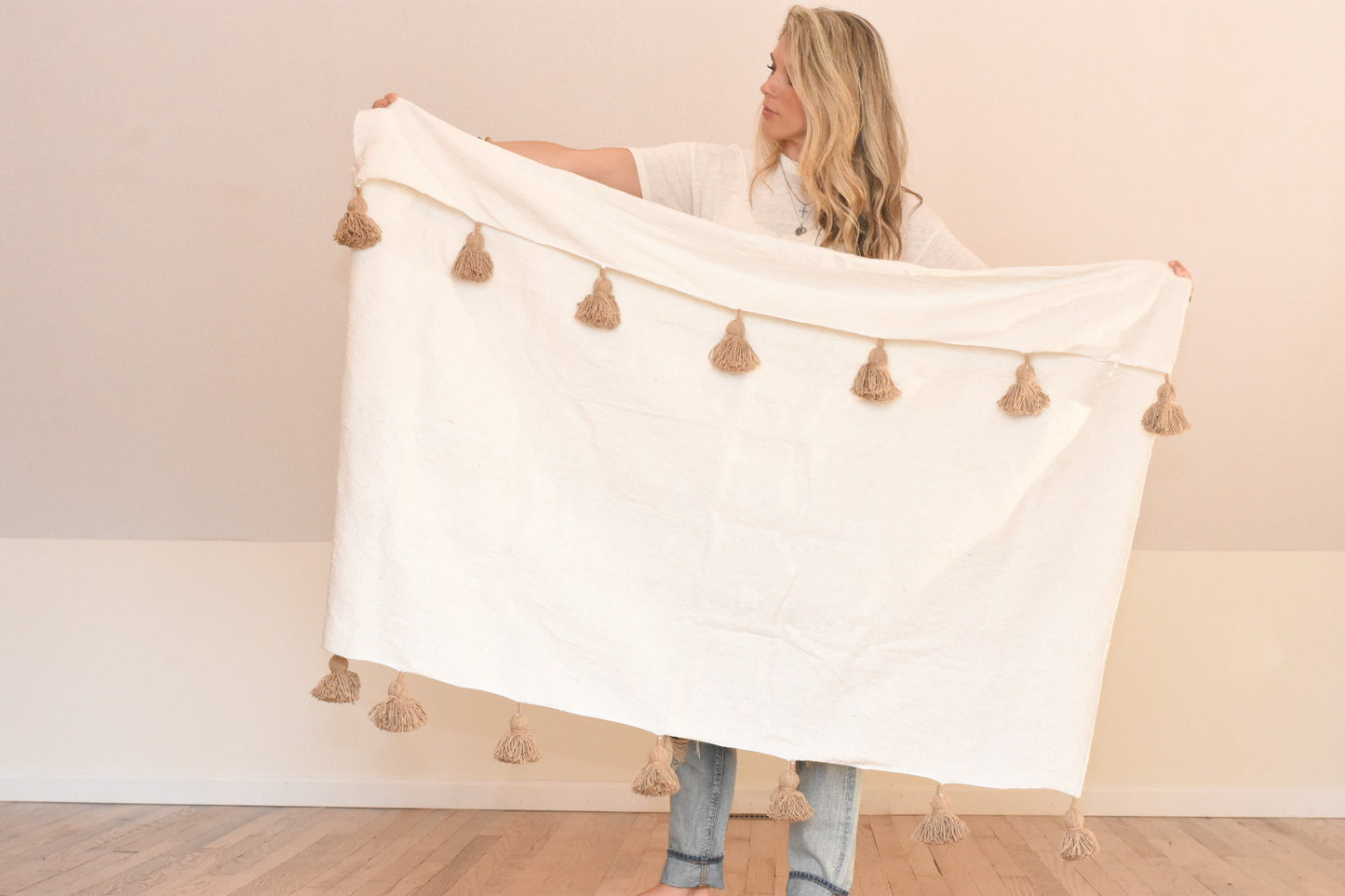 White and Beige Boho Throw Blanket, Nadine